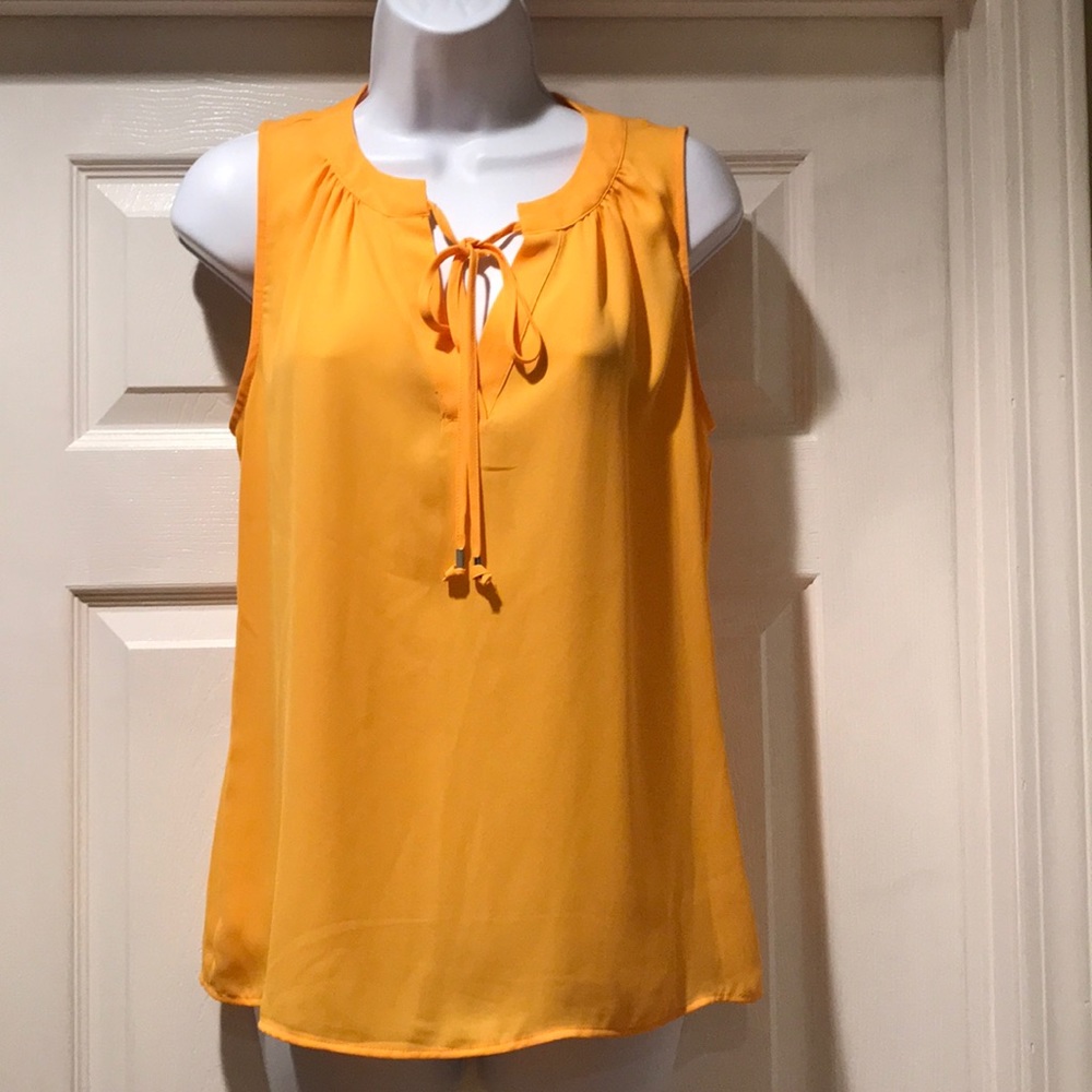 New York & Company Yellow Sleeveless Tie-Neck Blouse